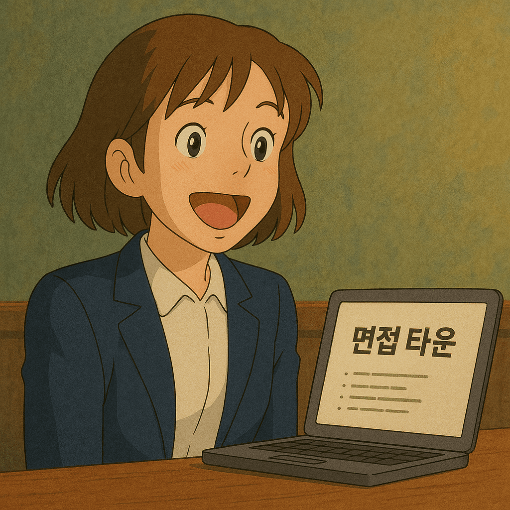 면접 타운 웹사이트를 보며 웃고 있는 사람